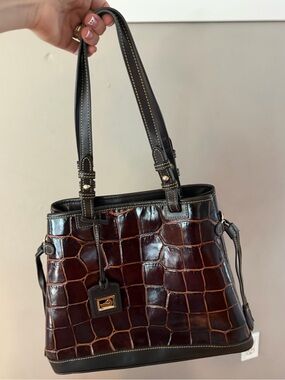 Dooney & Bourke Brown Croco Embossed Leather Tote Satchel Bag Tassels